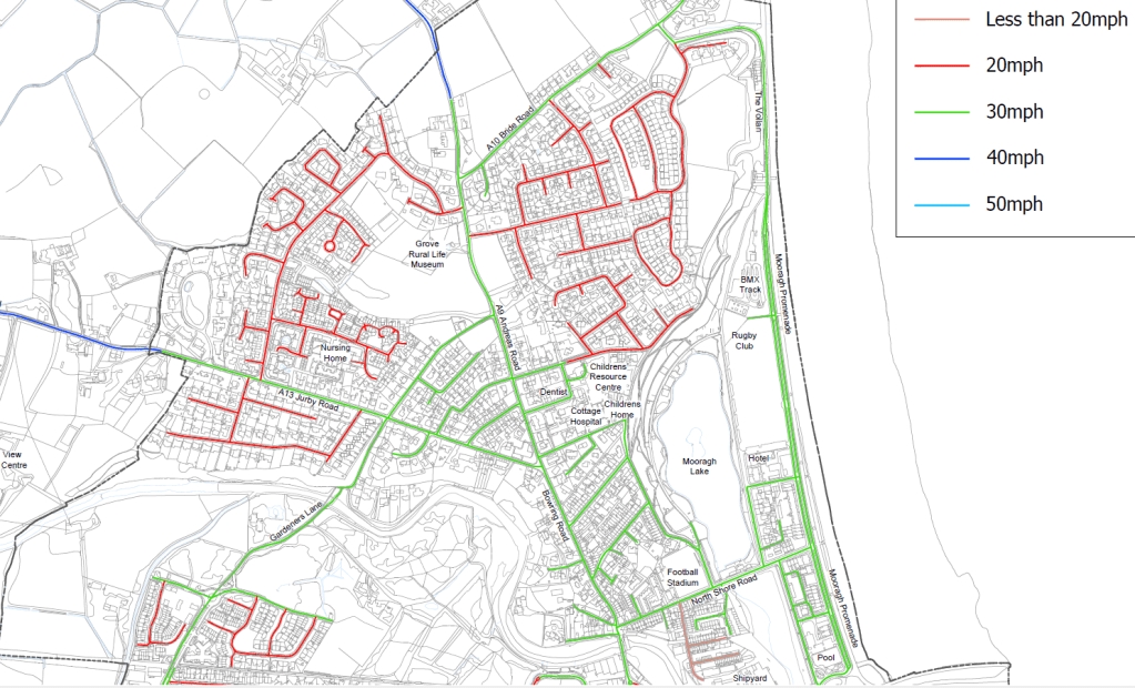 Map of Ramsey showing proposed speed zones with residential areas highlighted, including areas with 20mph (red) and 30mph (green) speed limits.