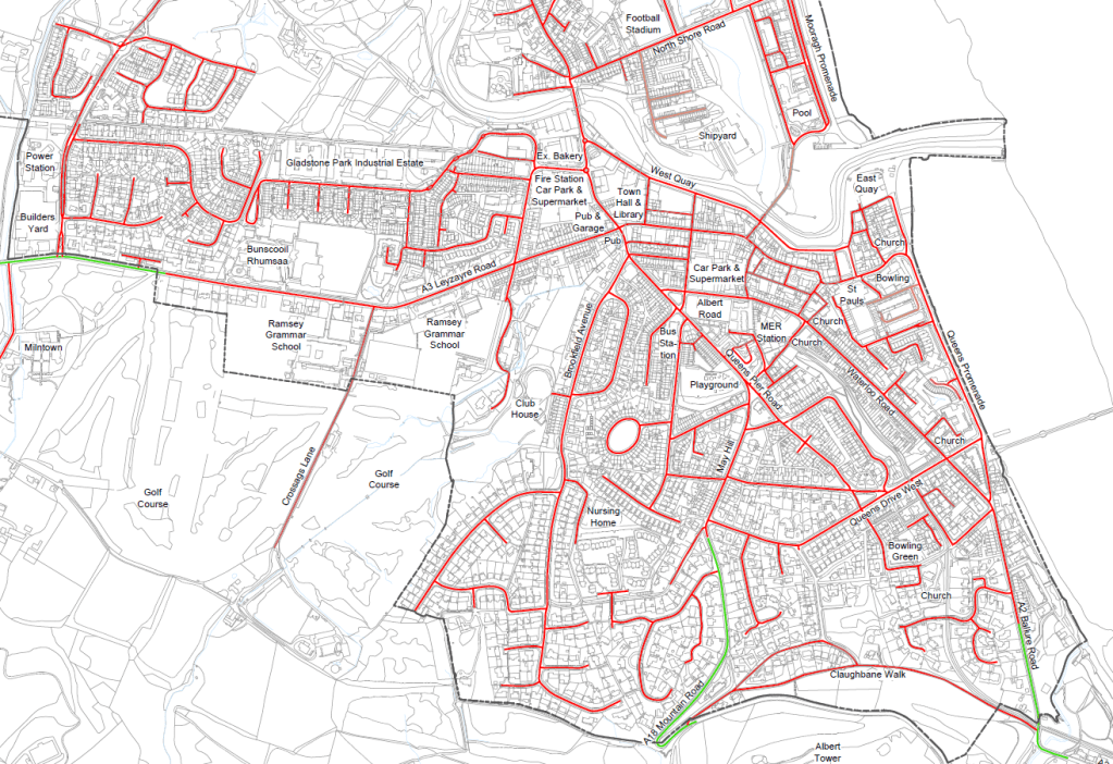 Map of Ramsey showing proposed speed zones with residential areas highlighted, including areas with 20mph (red) and 30mph (green) speed limits.
